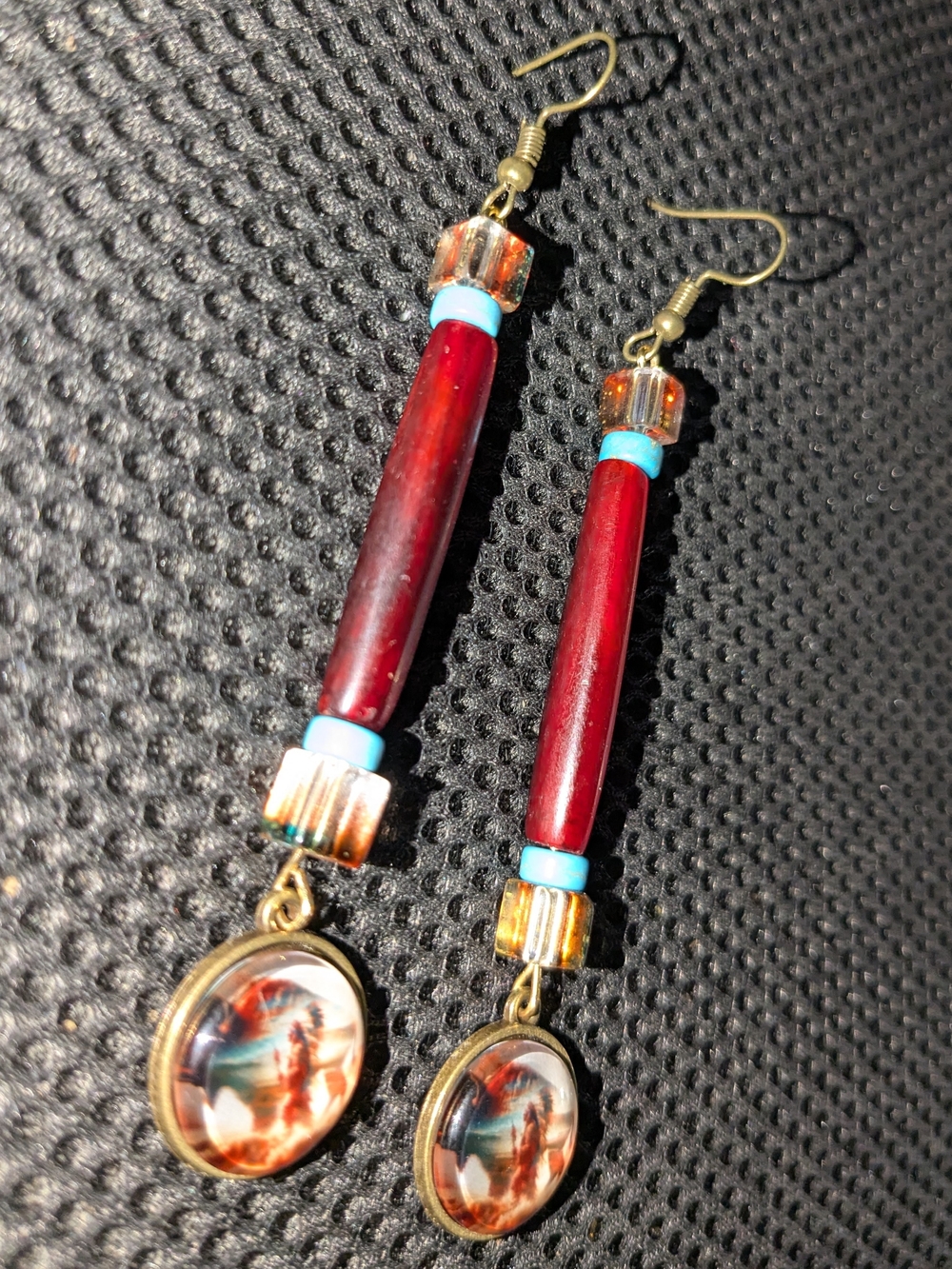 Indigenous Red Buffalo Bone Hairpipe Turquoise Drop Earrings Bison Chief Pendant - Picture 4 of 9